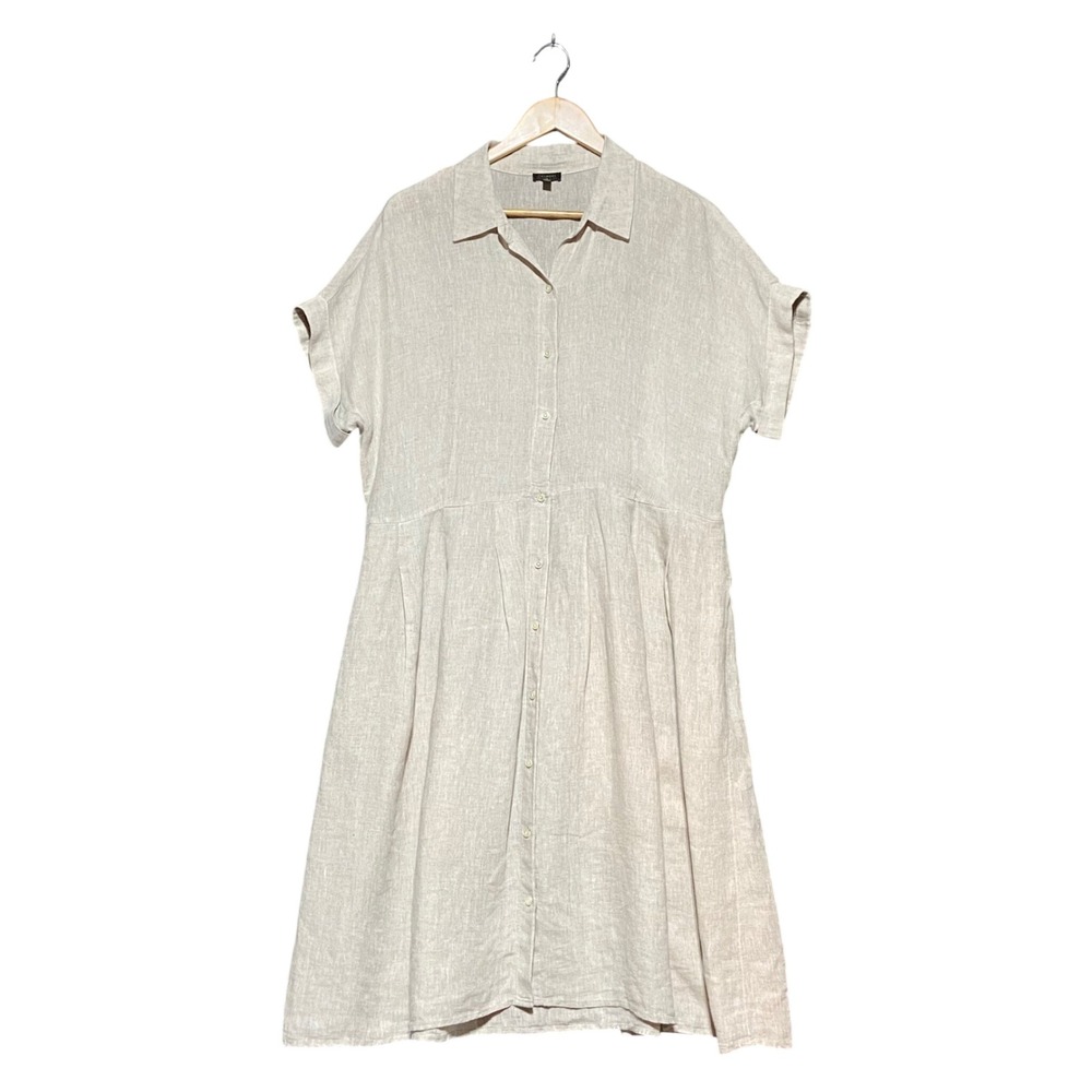 Talbots Womens 16 Linen Shirt Dress Oatmeal Beige Short Sleeve Button Pockets